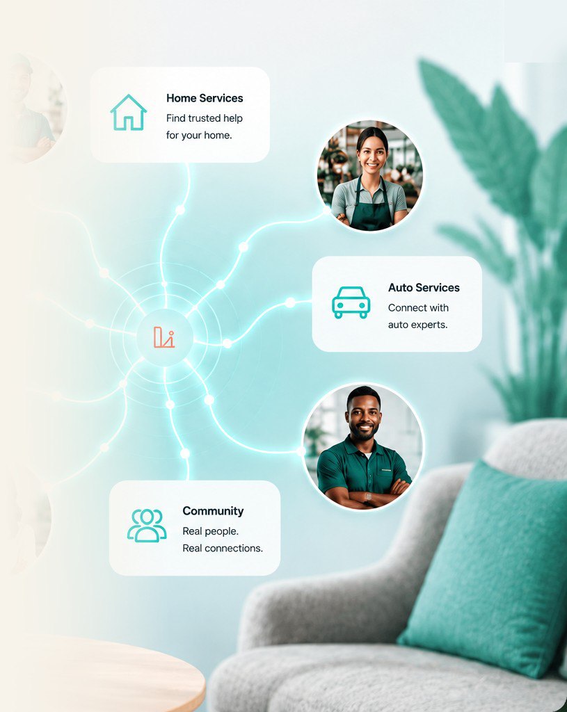 Illustration: Linknector at the centre of a glowing network linking home services, auto services, the community and service professionals.